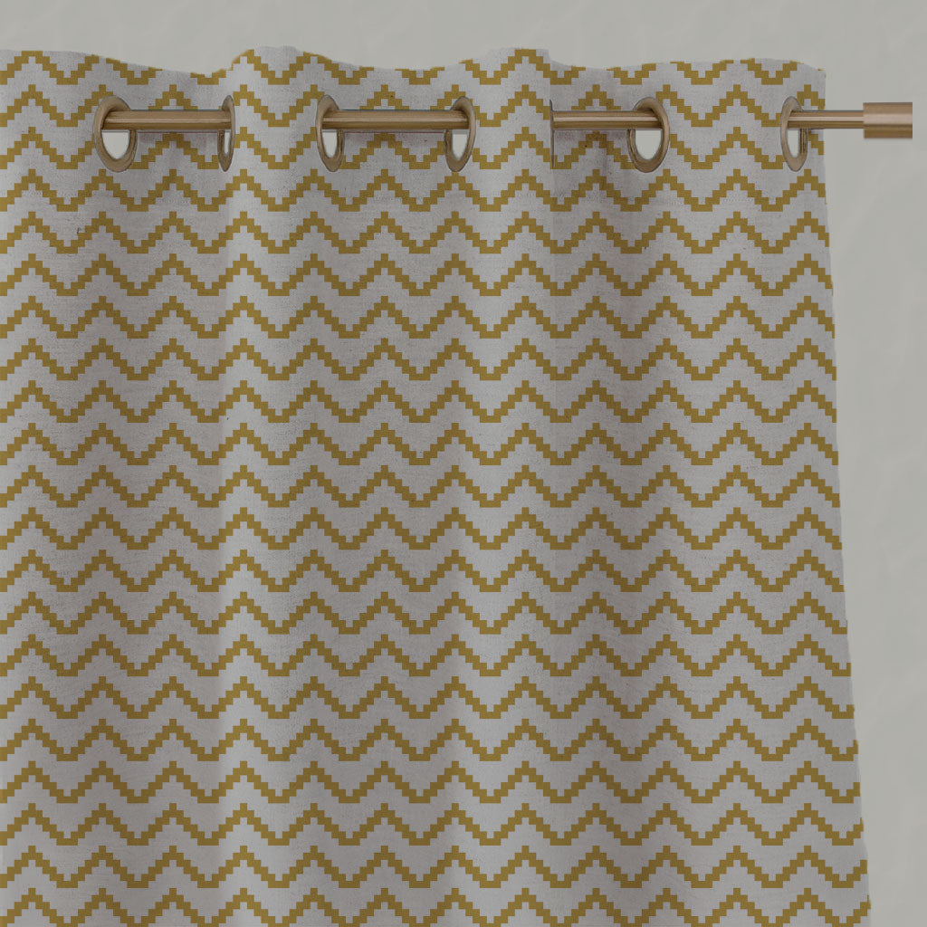 Yellow Patterned Linen Eyelet Curtains - Azig Mustard - Natural base fabric.