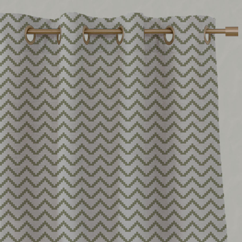 Green Patterned Linen Eyelet Curtains - Azig Olive - Natural base fabric.