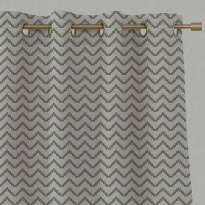 Green Patterned Linen Eyelet Curtains - Azig Olive - Natural base fabric.