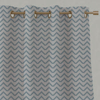 Blue Patterned Linen Eyelet Curtains - Azig Sky - Natural base fabric.