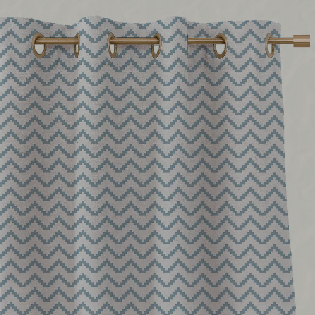 Blue Patterned Linen Eyelet Curtains - Azig Sky - Natural base fabric.