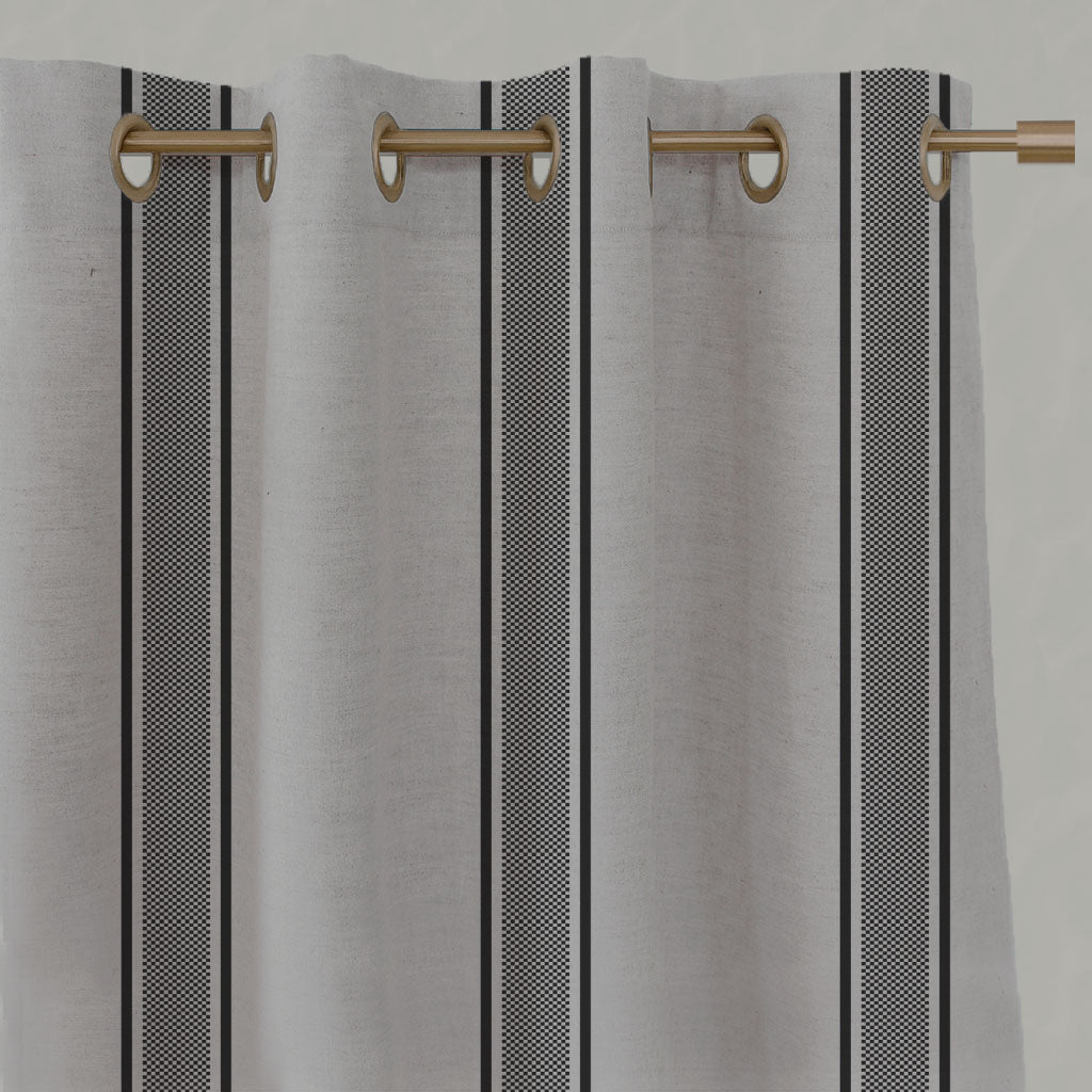 Black Striped Linen Eyelet Curtains - Bella Black - Natural base fabric.