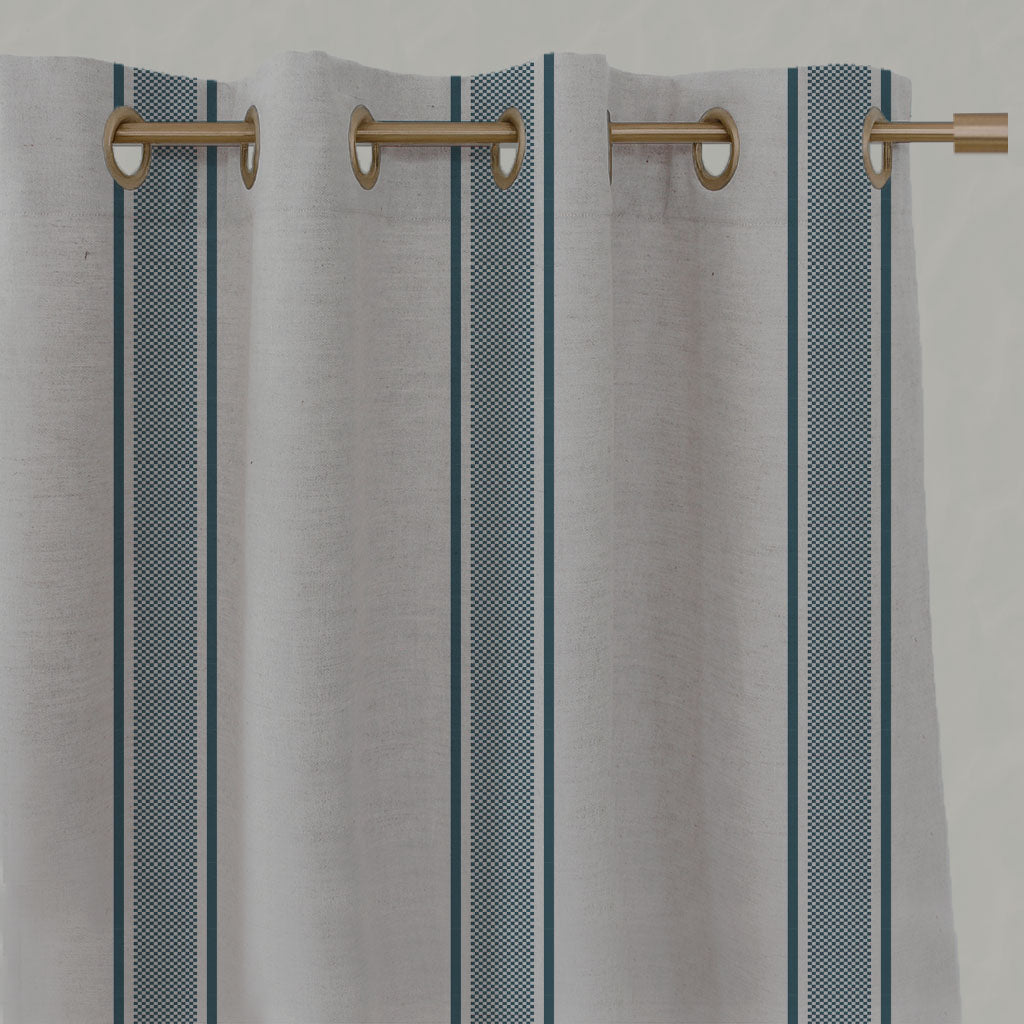 Blue Striped Linen Eyelet Curtains - Bella Blue Stone - Natural base fabric.