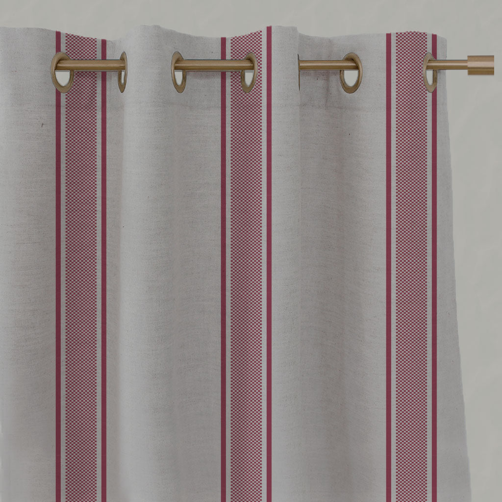 Red Striped Linen Eyelet Curtains - Bella Cherry - Natural base fabric.