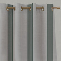 Green Striped Linen Eyelet Curtains - Bella Dark Pine - Natural base fabric.