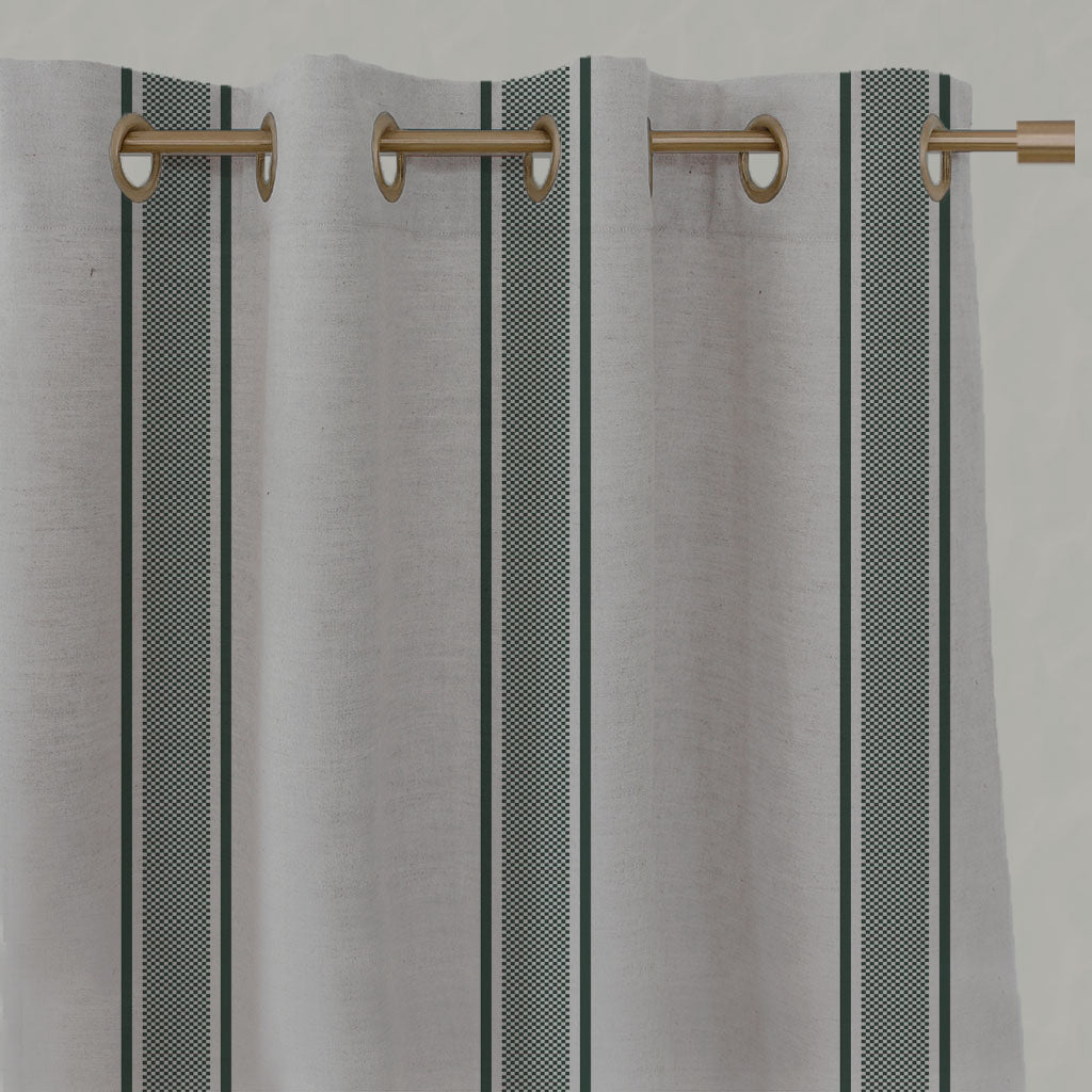 Green Striped Linen Eyelet Curtains - Bella Dark Pine - Natural base fabric.