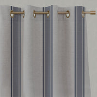 Blue Striped Linen Eyelet Curtains - Bella Deep Blue - Natural base fabric.
