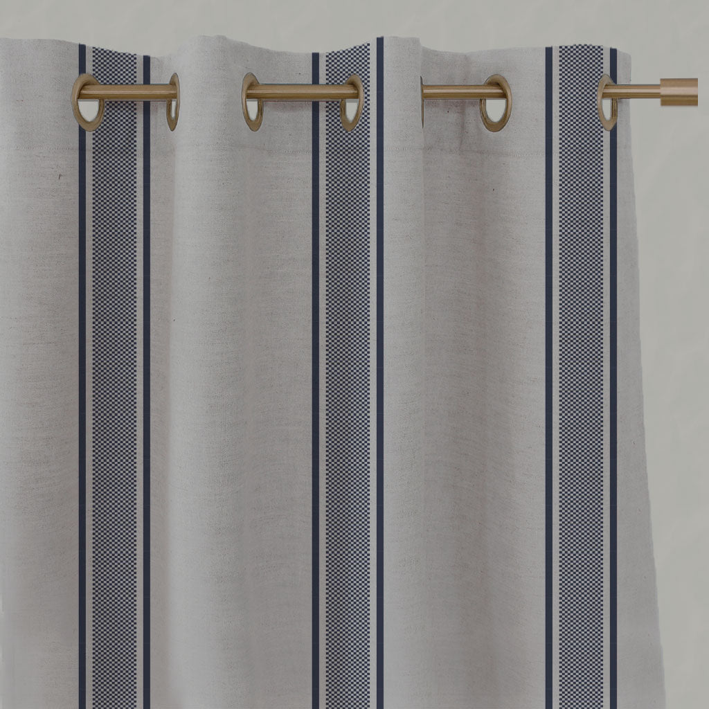 Blue Striped Linen Eyelet Curtains - Bella Deep Blue - Natural base fabric.
