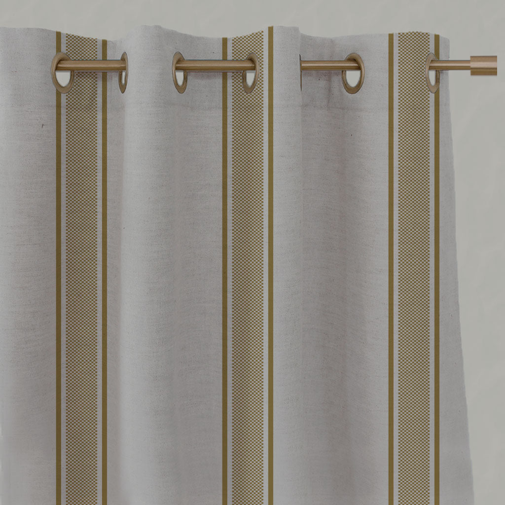 Yellow Striped Linen Eyelet Curtains - Bella Gold Rod - Natural base fabric.