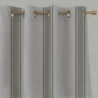 Green Striped Linen Eyelet Curtains - Bella Moss - Natural base fabric.