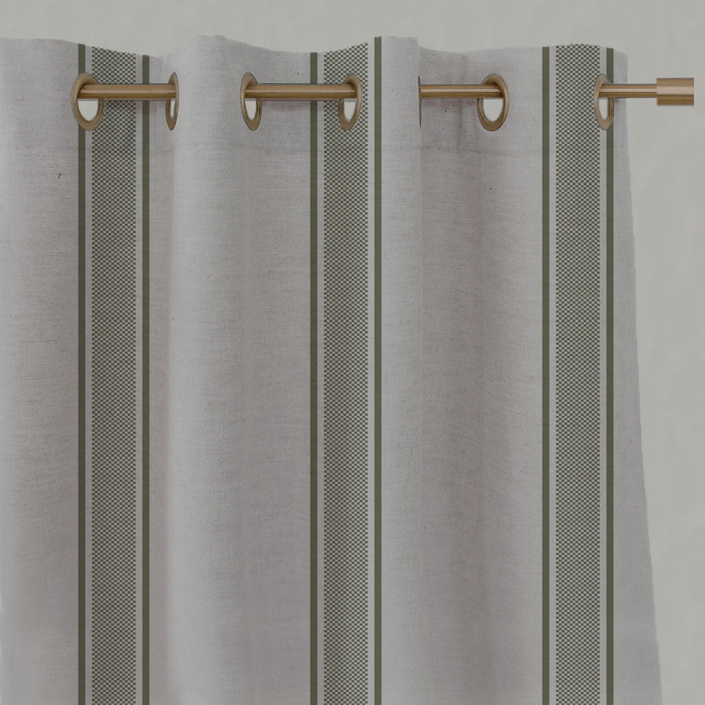 Green Striped Linen Eyelet Curtains - Bella Moss - Natural base fabric.