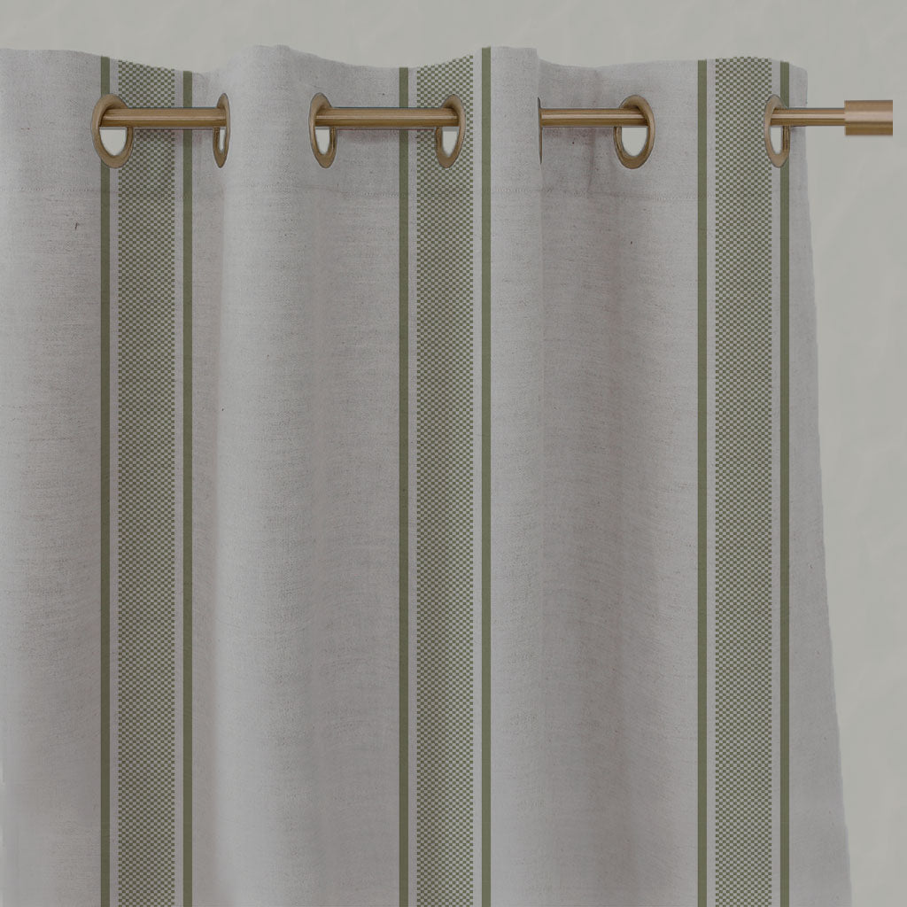 Green Striped Linen Eyelet Curtains - Bella Olive - Natural base fabric.