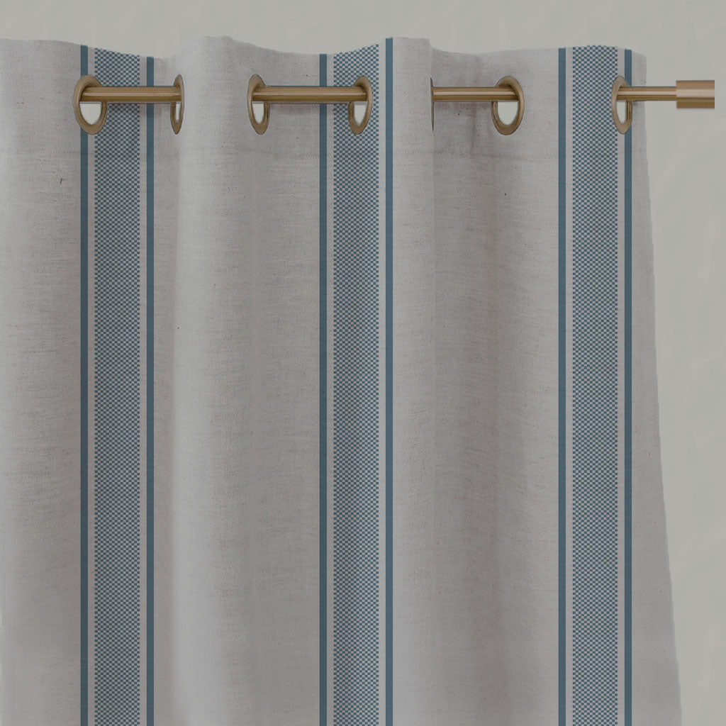 Blue Striped Linen Eyelet Curtains - Bella True Blue - Natural base fabric.