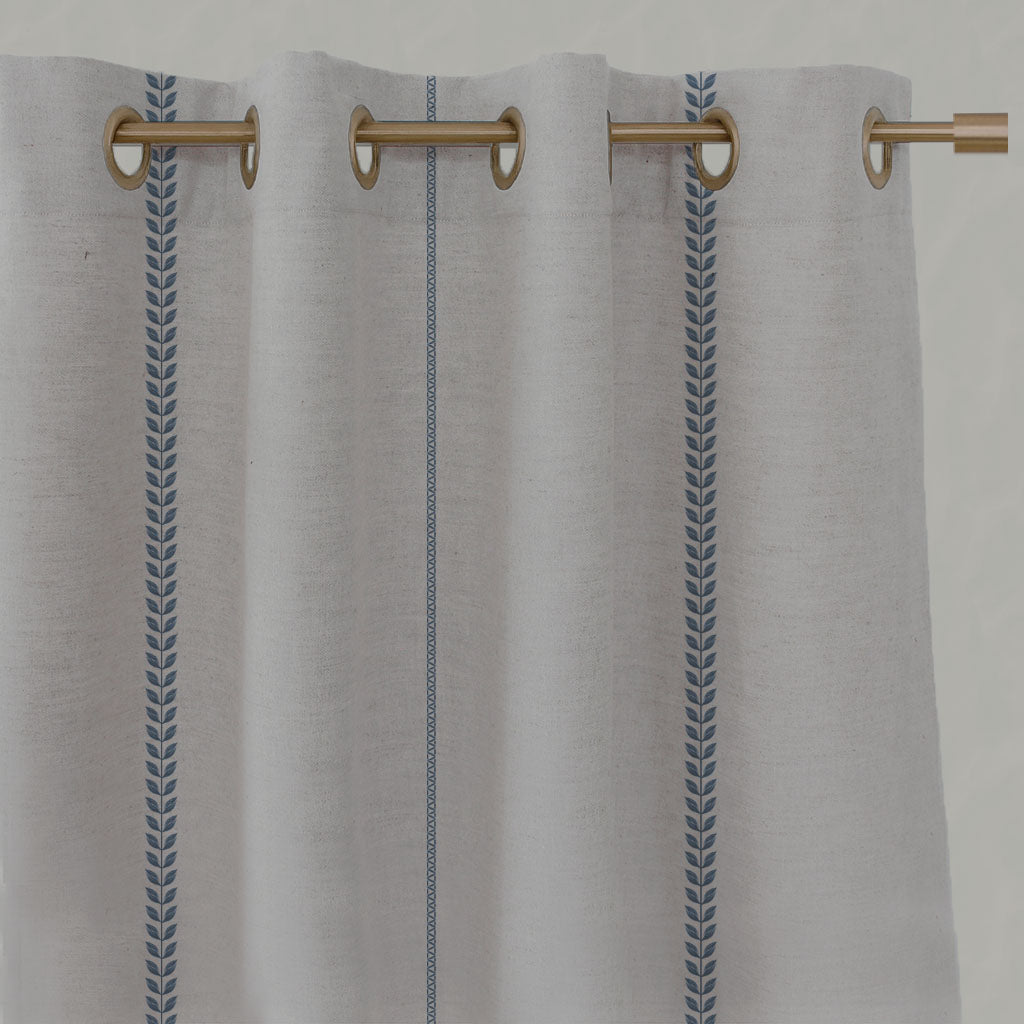 Blue Striped Linen Eyelet Curtains - Berit-NAT Denim - Natural base fabric.