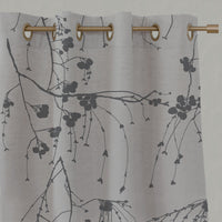 Grey Botanical Linen Eyelet Curtains - Berry Ash - Natural base fabric.