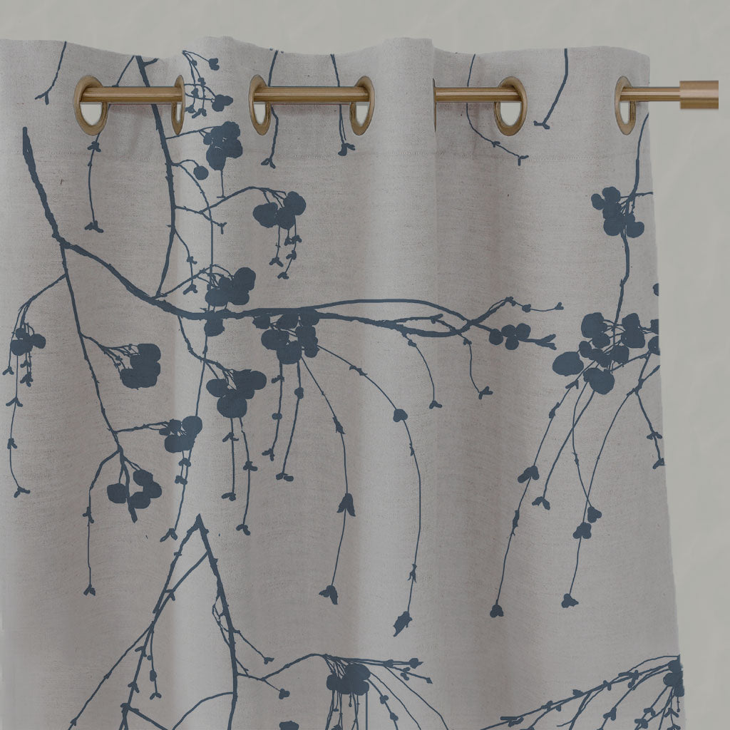 Blue Botanical Linen Eyelet Curtains - Berry Denim - Natural base fabric.