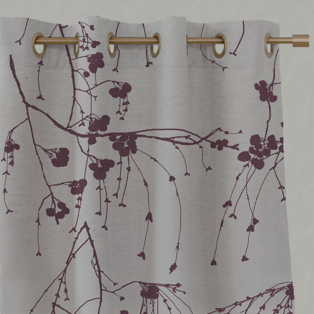 Purple Botanical Linen Eyelet Curtains - Berry Grape - Natural base fabric.