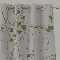 Green Botanical Linen Eyelet Curtains - Berry Leaf - Natural base fabric.
