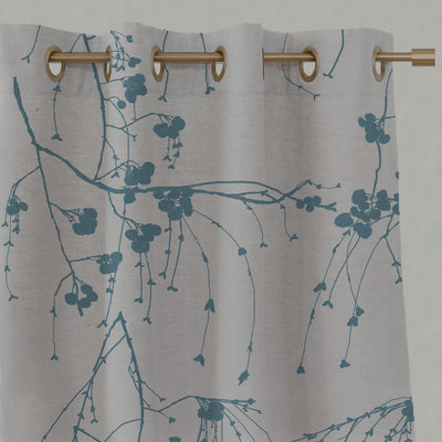 Blue Patterned Linen Eyelet Curtains - Berry Marine - Natural base fabric.
