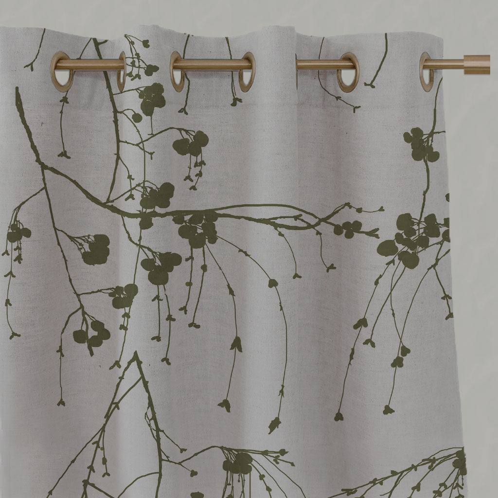 Green Botanical Linen Eyelet Curtains - Berry Sea Weed - Natural base fabric.