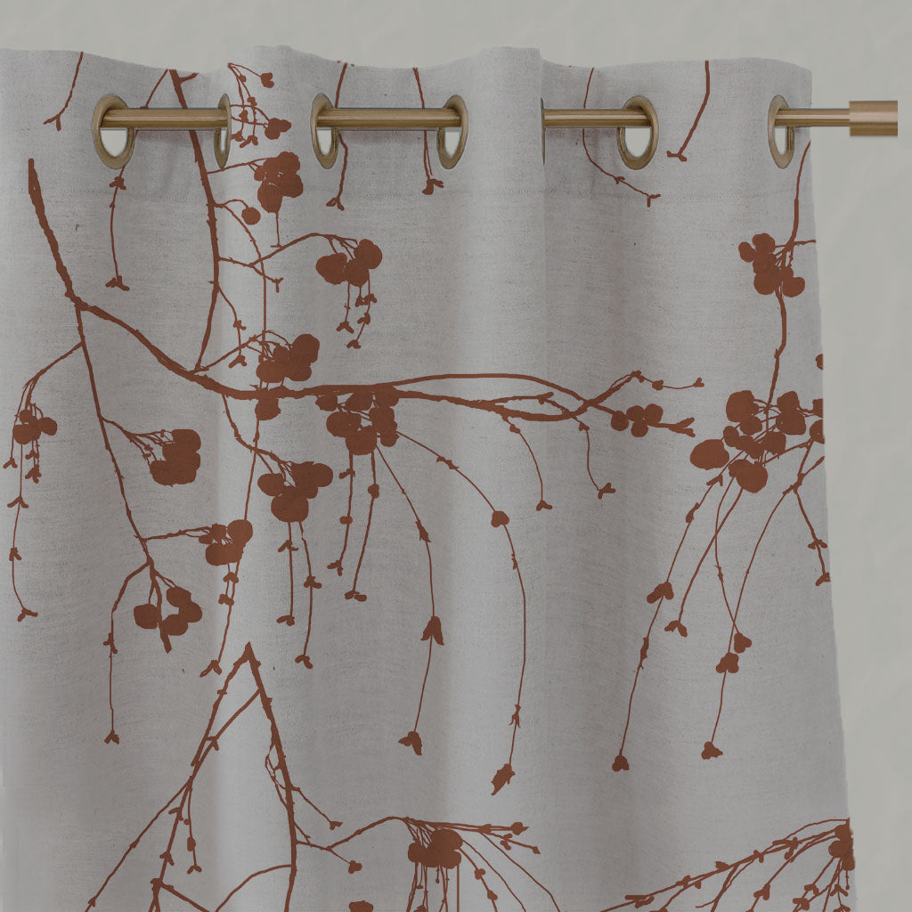 Orange Botanical Linen Eyelet Curtains - Berry Terracotta - Natural base fabric.