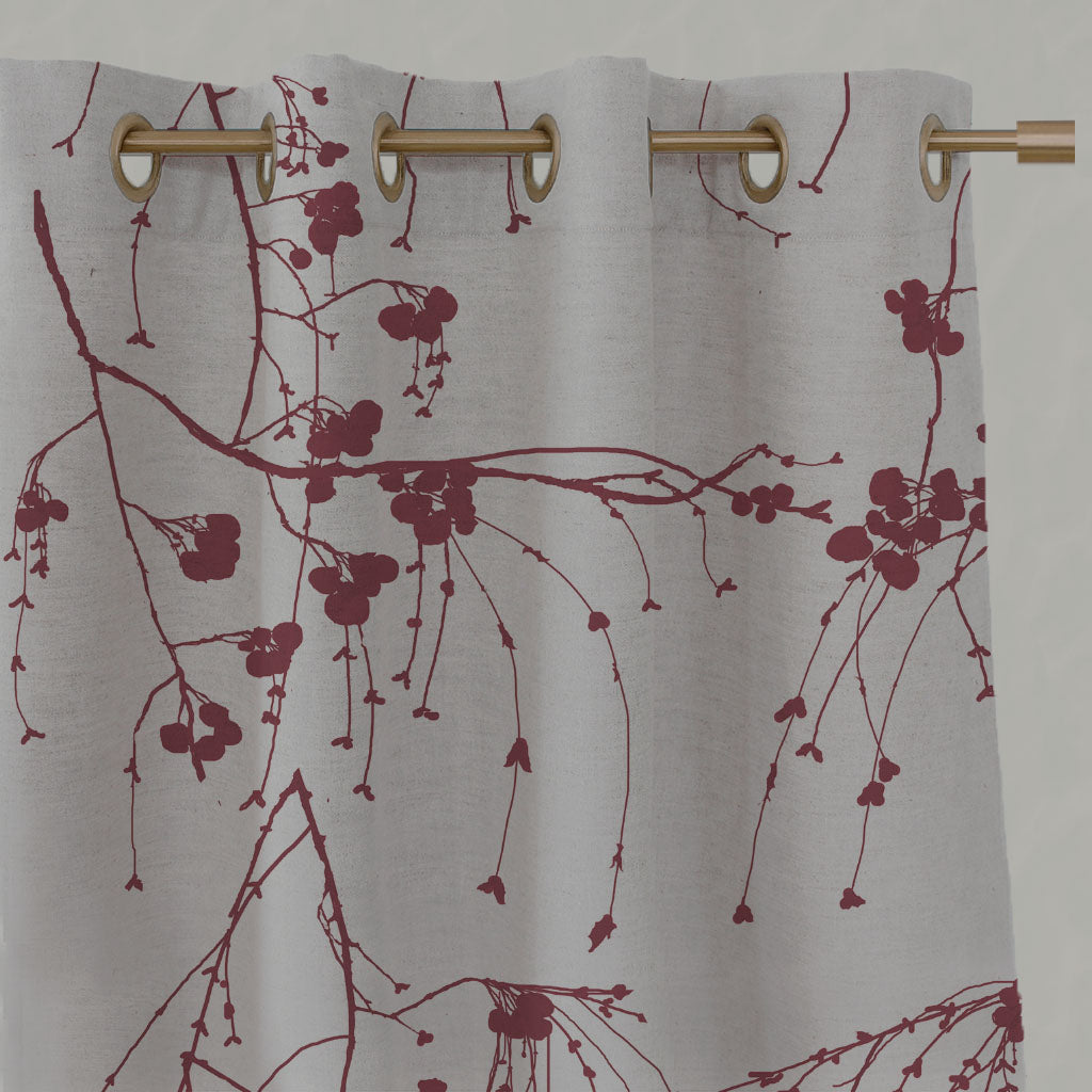 Red Botanical Linen Eyelet Curtains - Berry Wine - Natural base fabric.