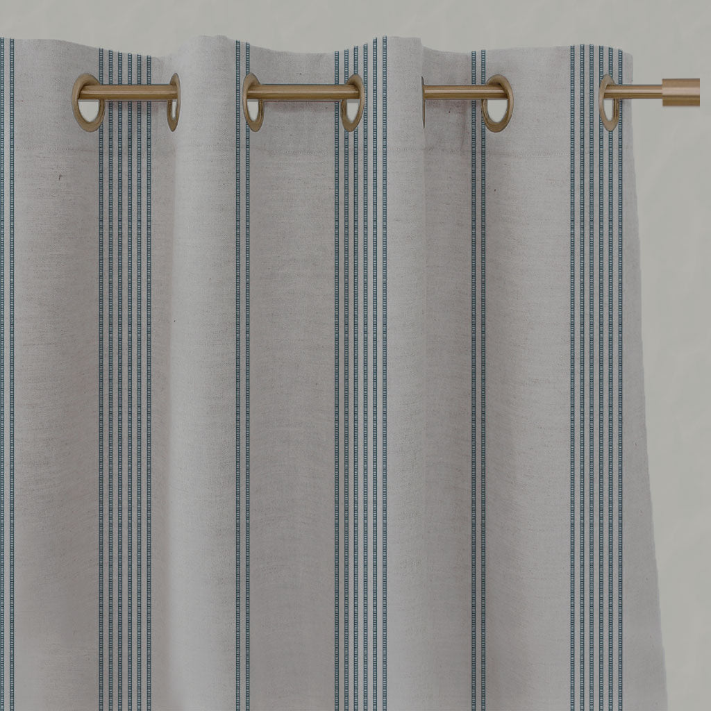 Blue Striped Linen Eyelet Curtains - Brea Blue Stone - Natural base fabric.