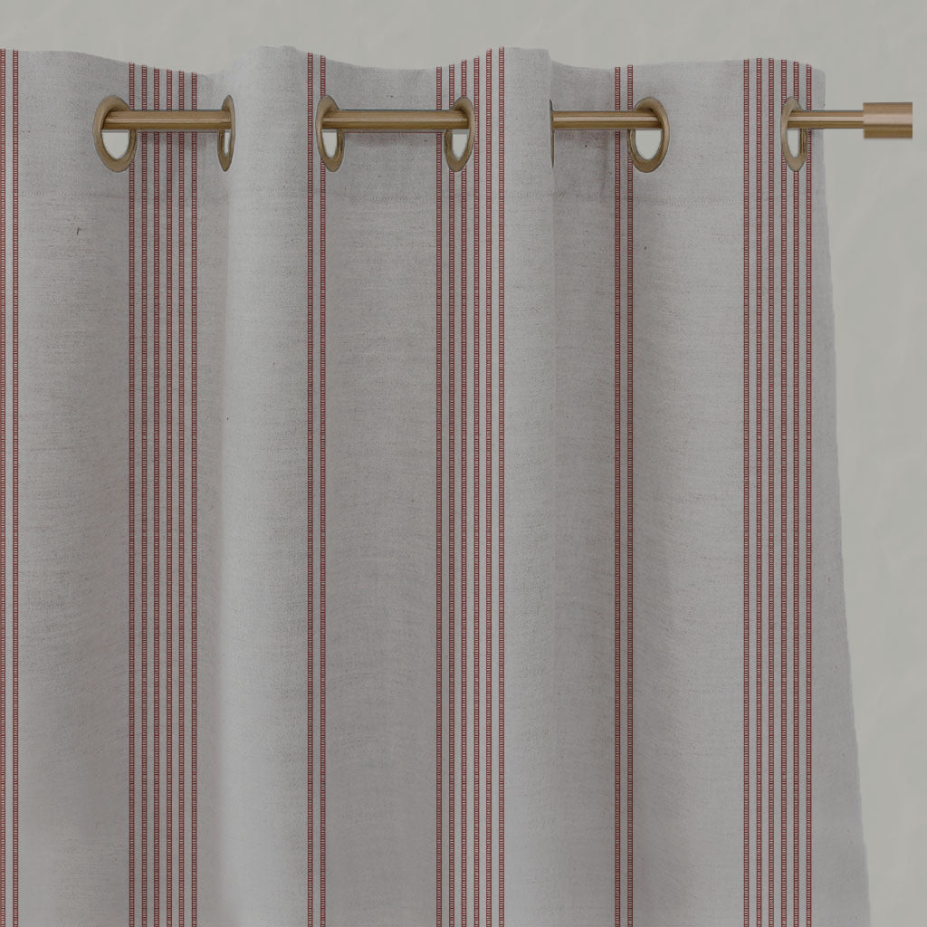 Red Striped Linen Eyelet Curtains - Brea Crimson Red - Natural base fabric.