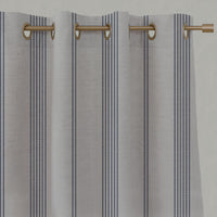 Blue Striped Linen Eyelet Curtains - Brea Deep Blue  - Natural base fabric.