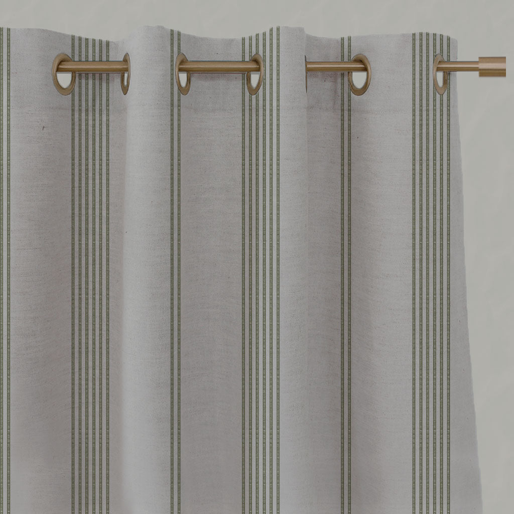 Green Striped Linen Eyelet Curtains - Brea Khaki - Natural base fabric.