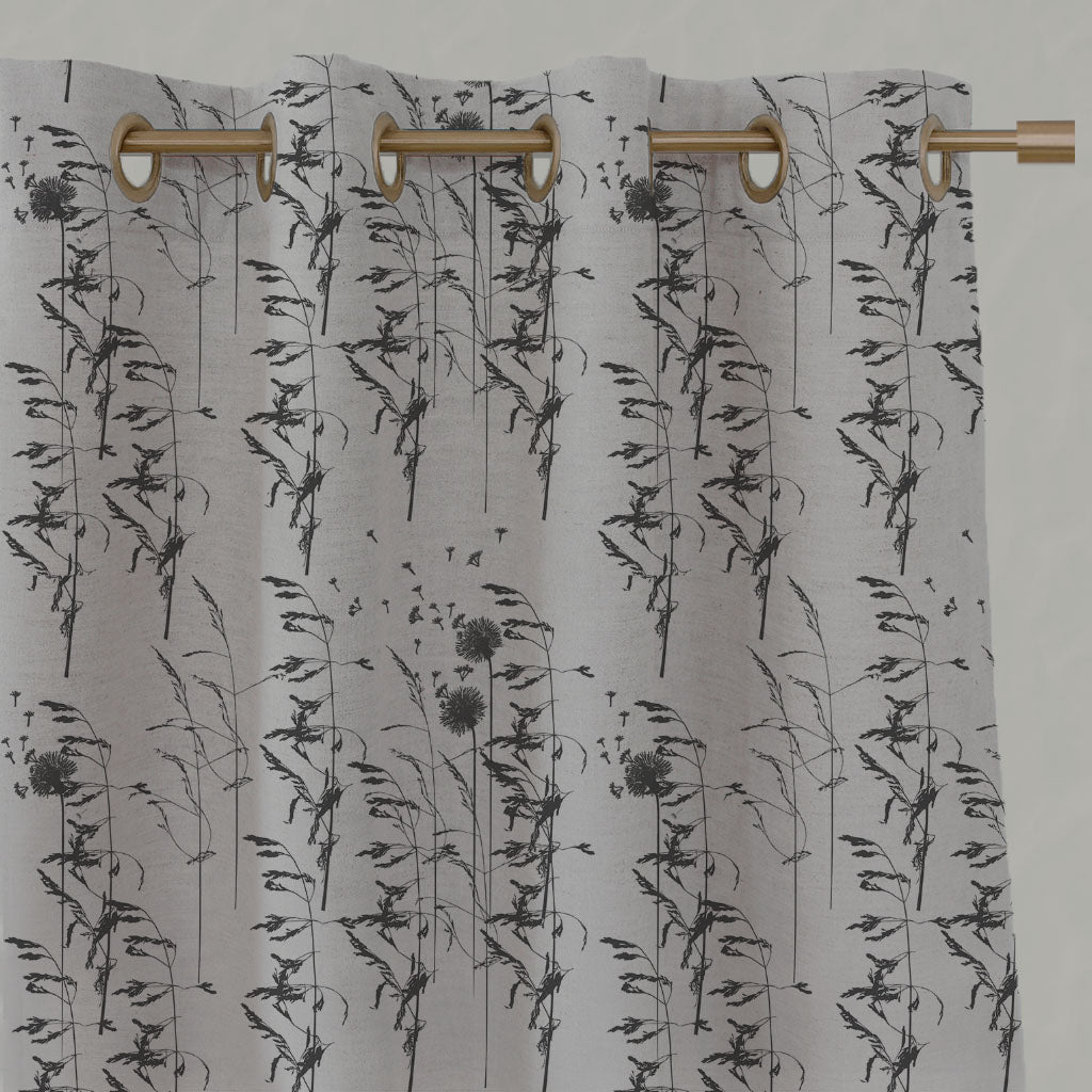 Grey Botanical Linen Eyelet Curtains - Breeze Charcoal - Natural base fabric.