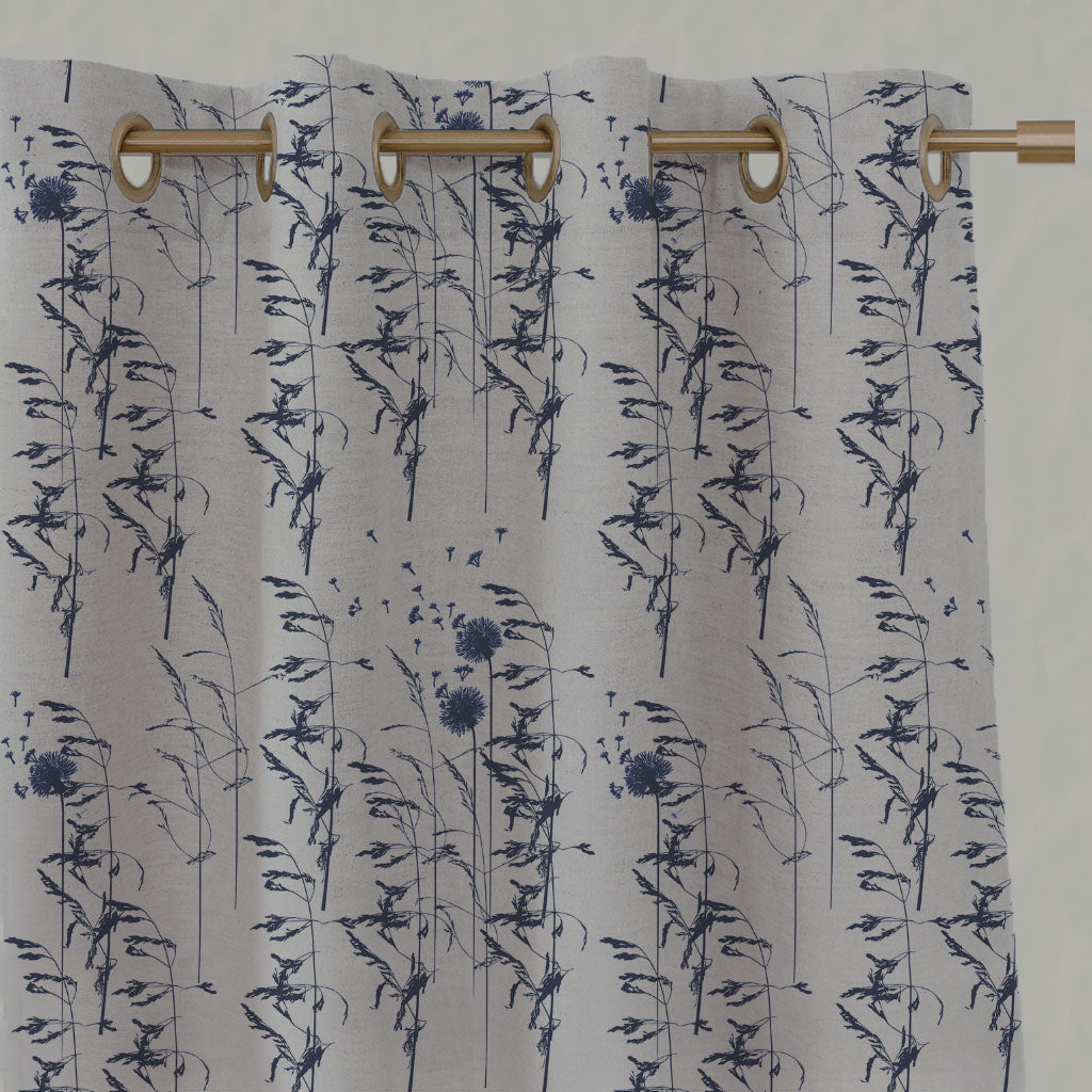 Blue Botanical Linen Eyelet Curtains - Breeze Deep Blue - Natural base fabric.