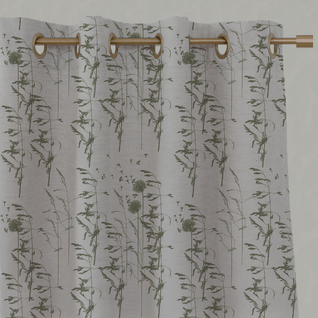 Green Botanical Linen Eyelet Curtains - Breeze Moss - Natural base fabric.