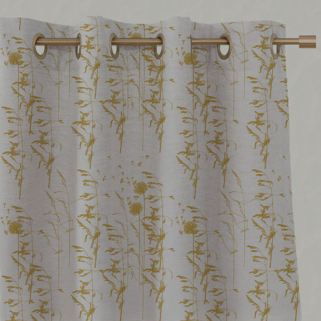 Yellow Botanical Linen Eyelet Curtains - Breeze Mustard - Natural base fabric.