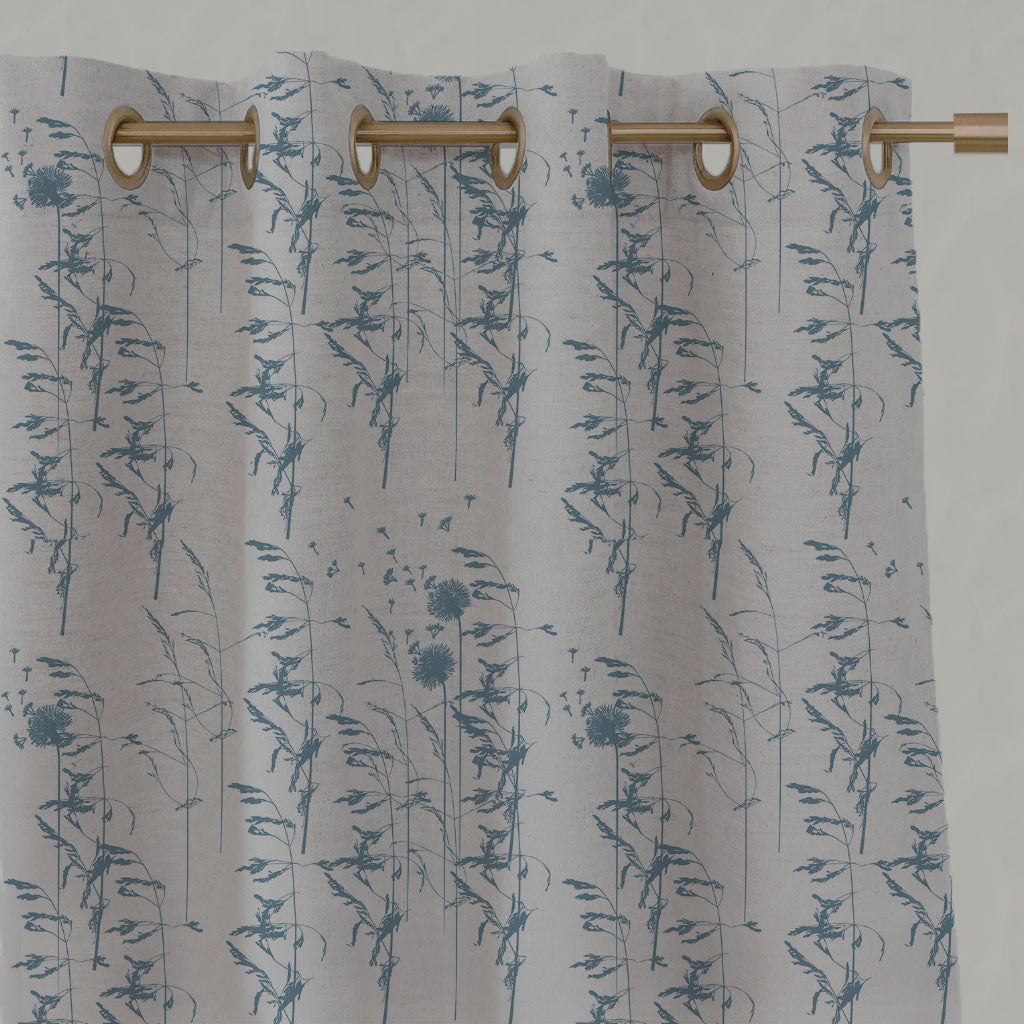 Blue Botanical Linen Eyelet Curtains - Breeze True Blue - Natural base fabric.