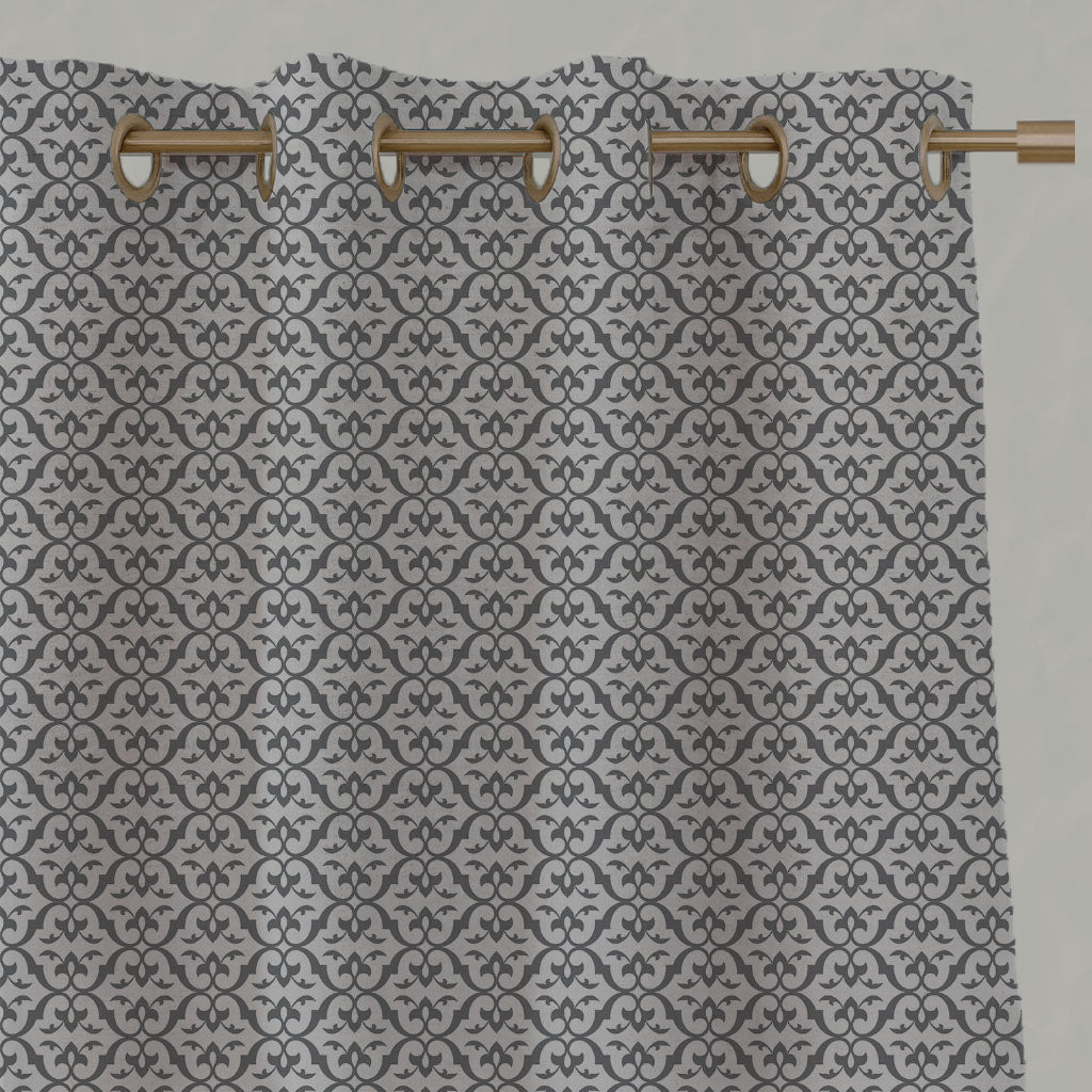 Grey Patterned Linen Eyelet Curtains - Brita Ash - Natural base fabric.