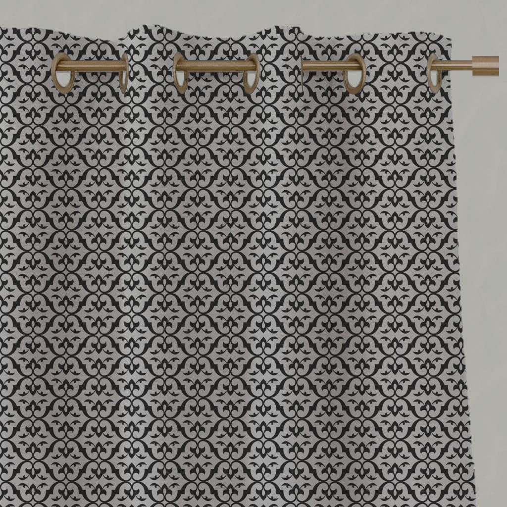 Black Patterned Linen Eyelet Curtains - Brita Black - Natural base fabric.