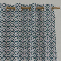 Blue Patterned Linen Eyelet Curtains - Brita Blue Stone - Natural base fabric.