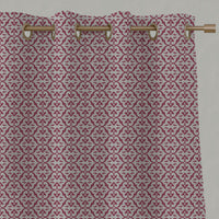 Red Patterned Linen Eyelet Curtains - Brita Cherry - Natural base fabric.