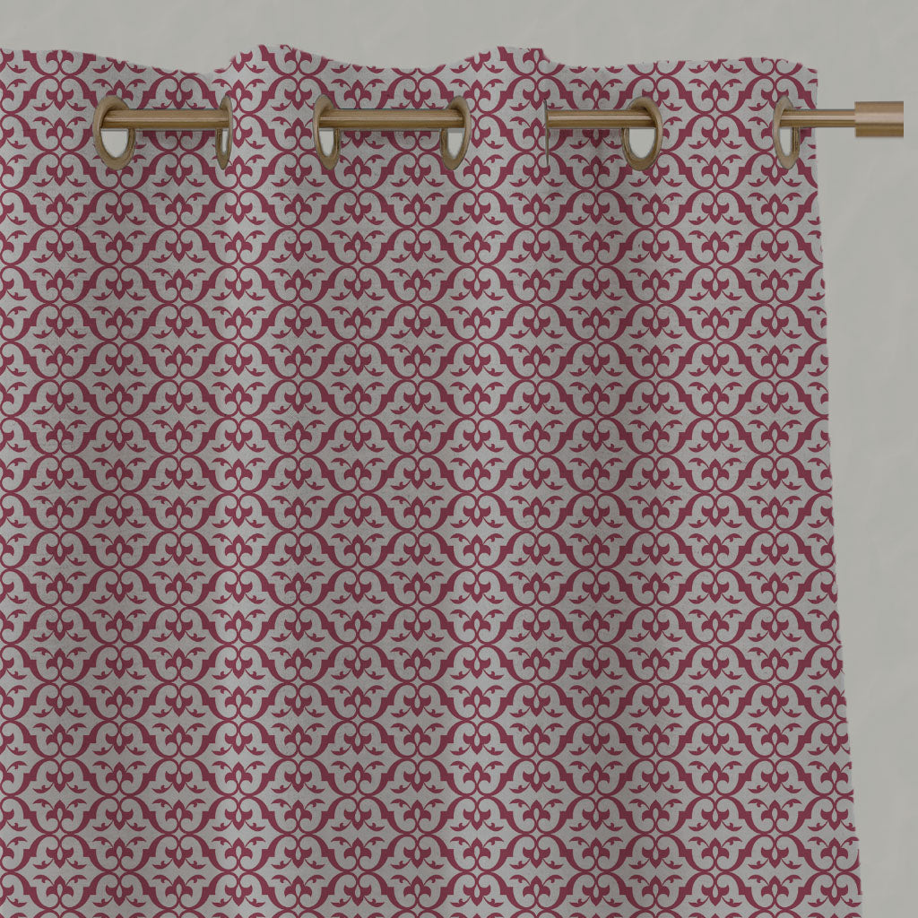 Red Patterned Linen Eyelet Curtains - Brita Cherry - Natural base fabric.