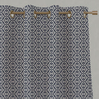 Blue Patterned Linen Eyelet Curtains - Brita Deep Blue - Natural base fabric.