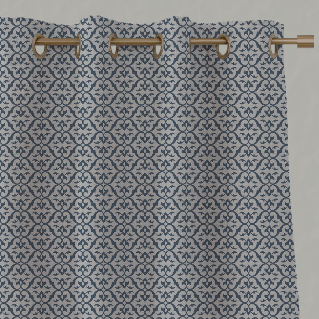 Blue Patterned Linen Eyelet Curtains - Brita Denim - Natural base fabric.