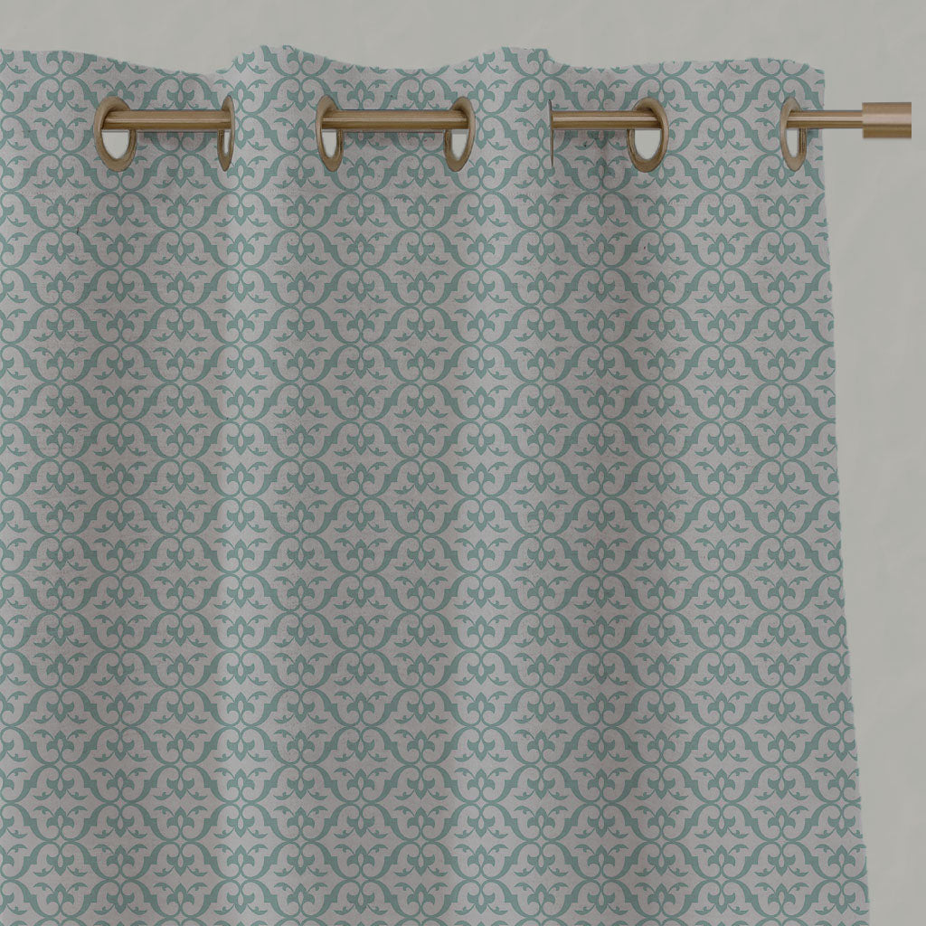 Blue Patterned Linen Eyelet Curtains - Brita Duck Egg - Natural base fabric.