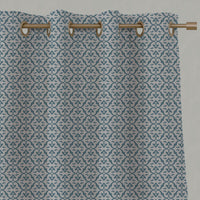 Blue Patterned Linen Eyelet Curtains - Brita Marine - Natural base fabric.