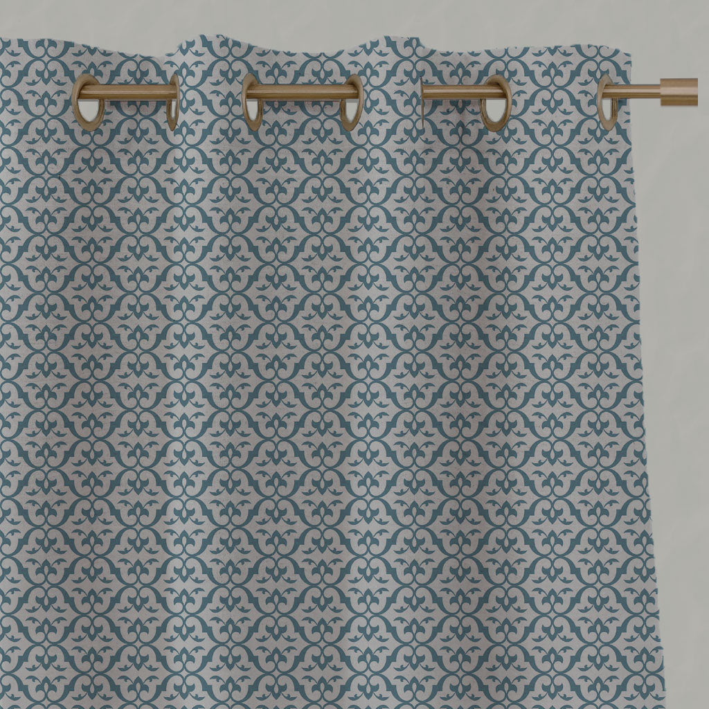 Blue Patterned Linen Eyelet Curtains - Brita Marine - Natural base fabric.
