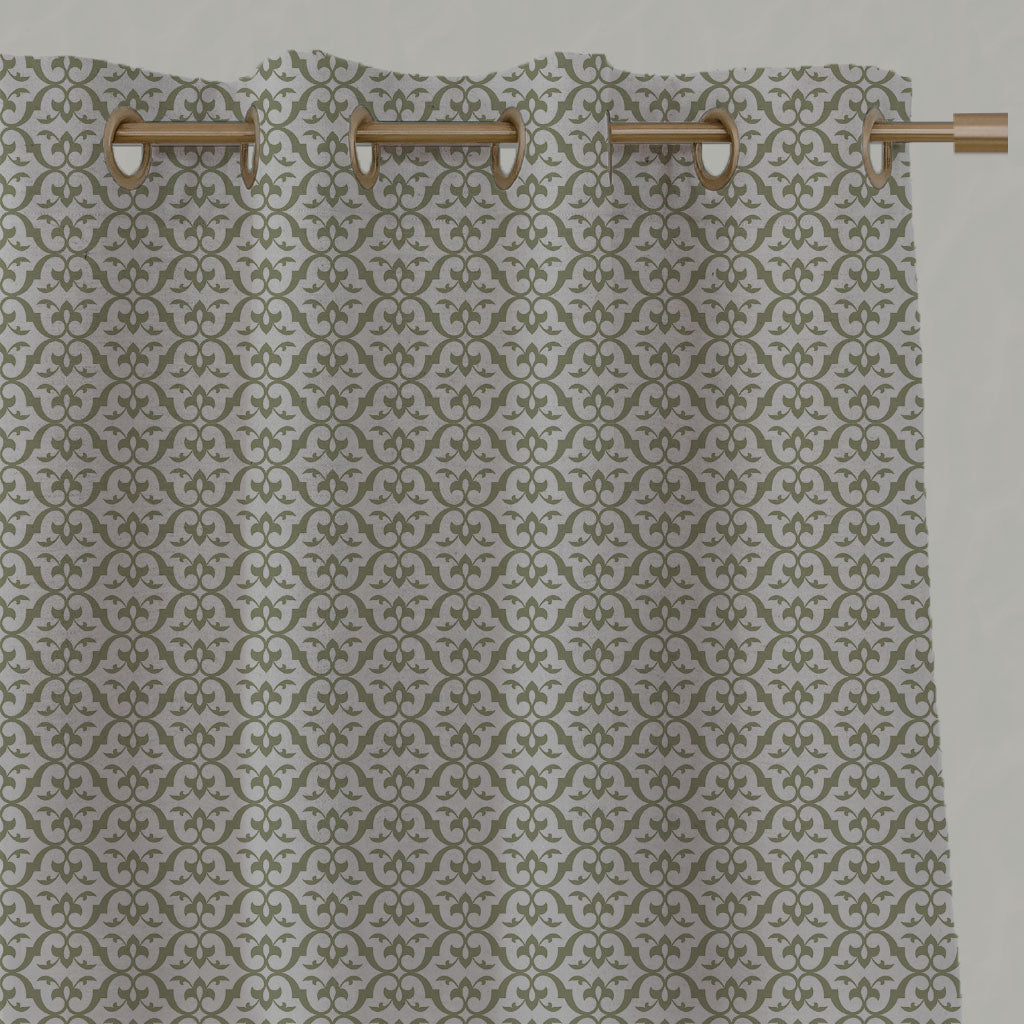 Green Patterned Linen Eyelet Curtains - Brita Olive - Natural base fabric.