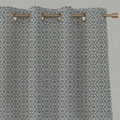 Green Patterned Linen Eyelet Curtains - Brita Sage - Natural base fabric.