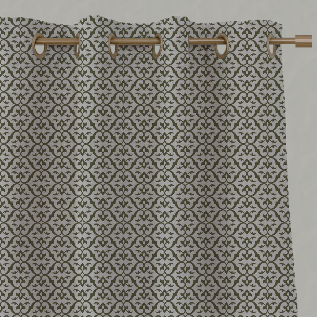 Green Patterned Linen Eyelet Curtains - Brita Seaweed - Natural base fabric.