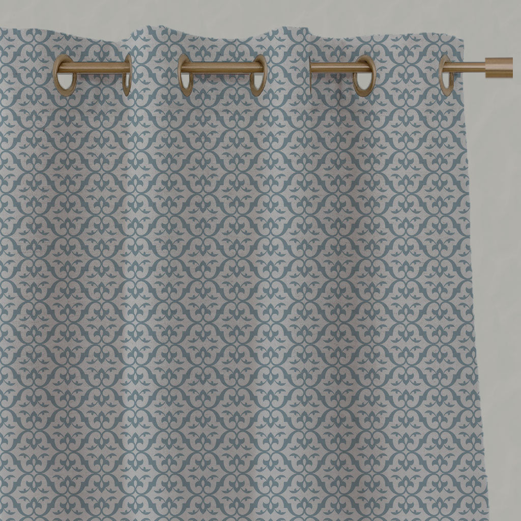 Blue Patterned Linen Eyelet Curtains - Brita Sky - Natural base fabric.