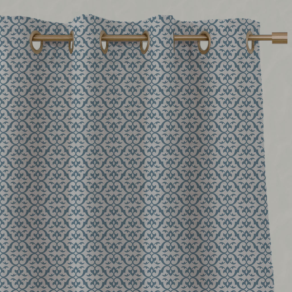 Blue Patterned Linen Eyelet Curtains - Brita True Blue - Natural base fabric.